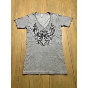 Vintage Affliction Women Top Medium Gray Black Embroidered Rhinestone Grunge Y2K